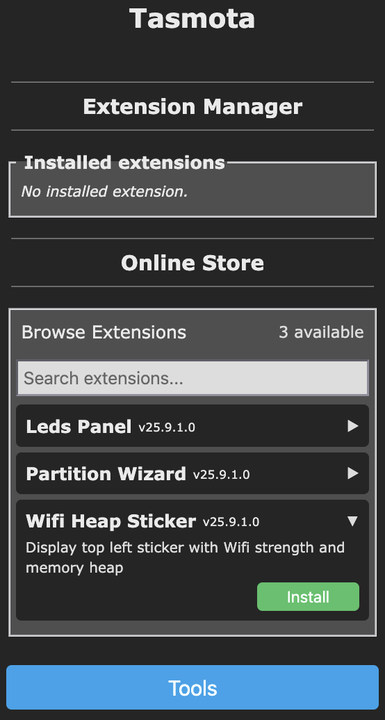 Extension Manager with details of Wifi Heap Sticker