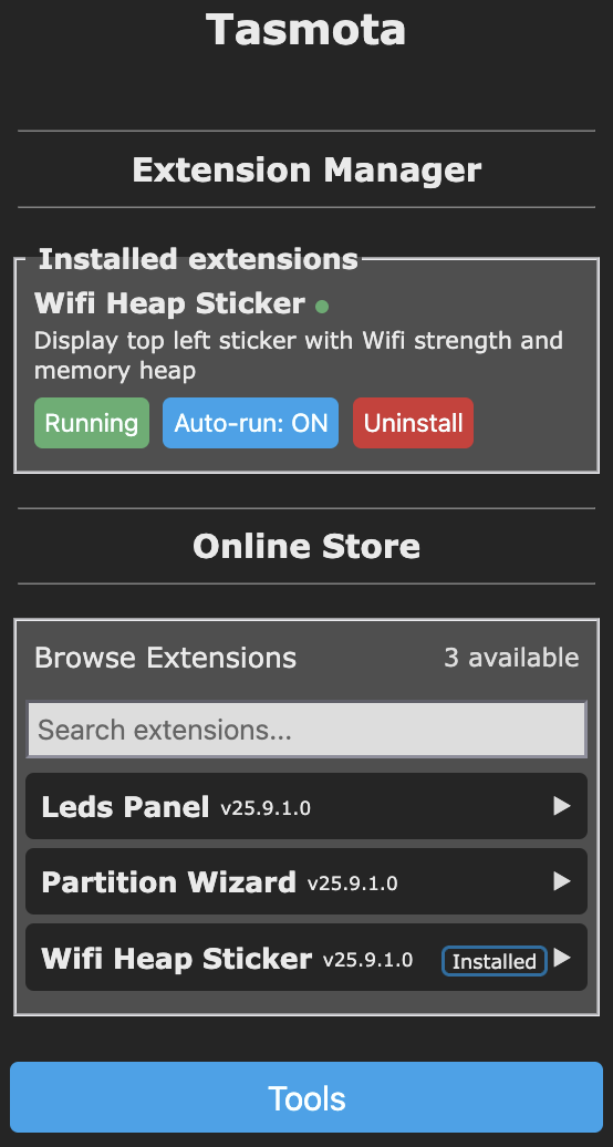 Extension Manager with Wifi Heap Sticker running